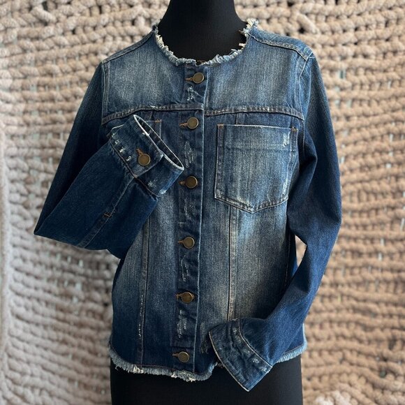 Who What Wear Collarless Distressed Jean Jacket Size Medium - Picture 1 of 12